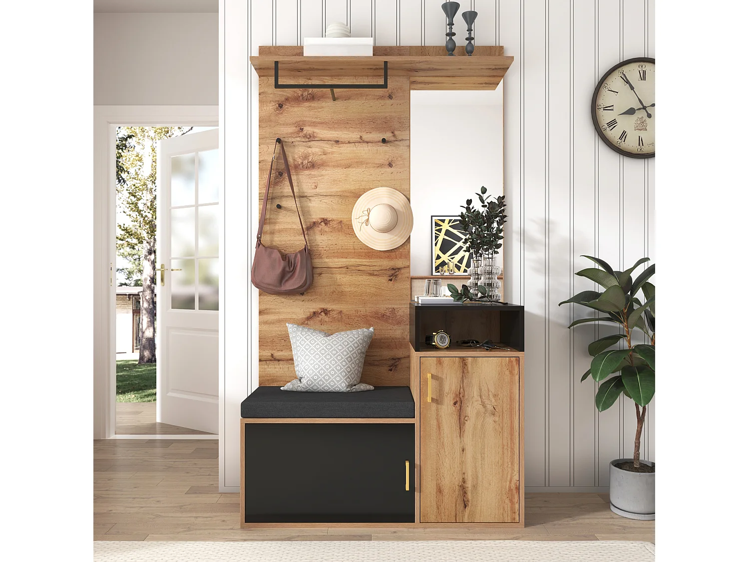 Entryway coat rack with mirror and shoe cabinet - Height 190cm - Natural & Black
