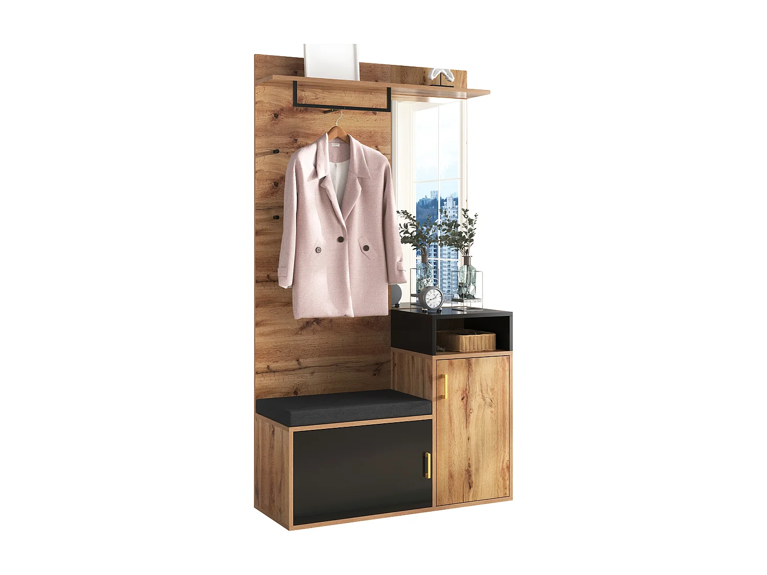Entryway coat rack with mirror and shoe cabinet - Height 190cm - Natural & Black