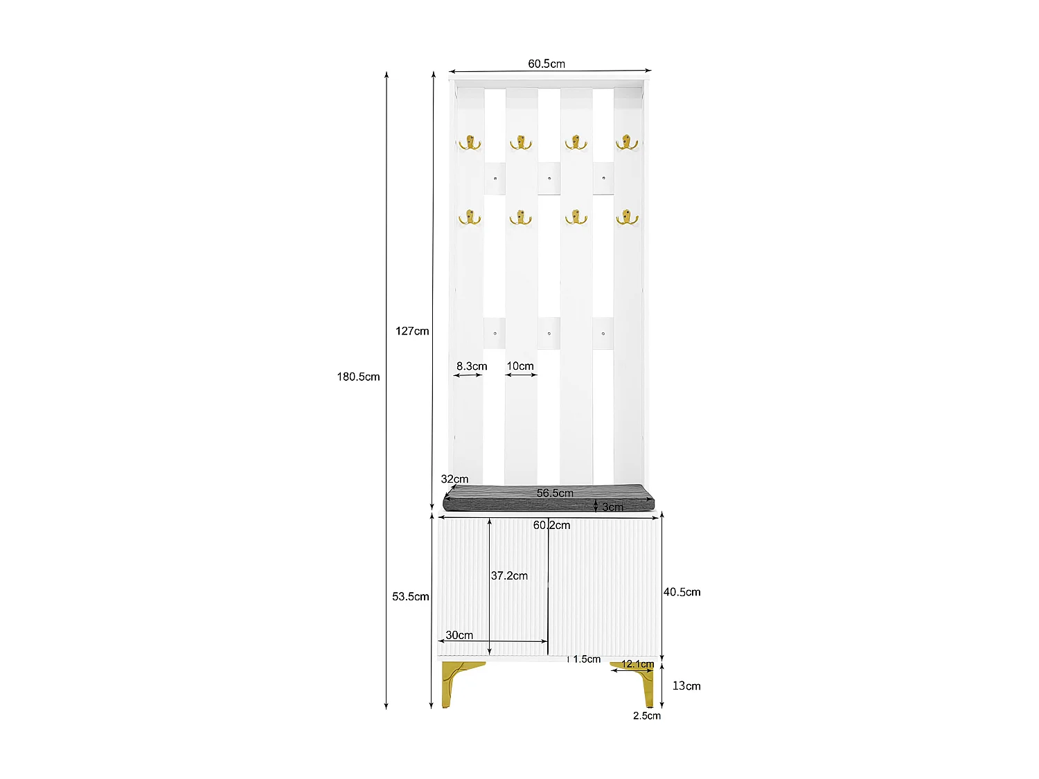 Wardrobe set - with hooks, shoe bench and a locker - White