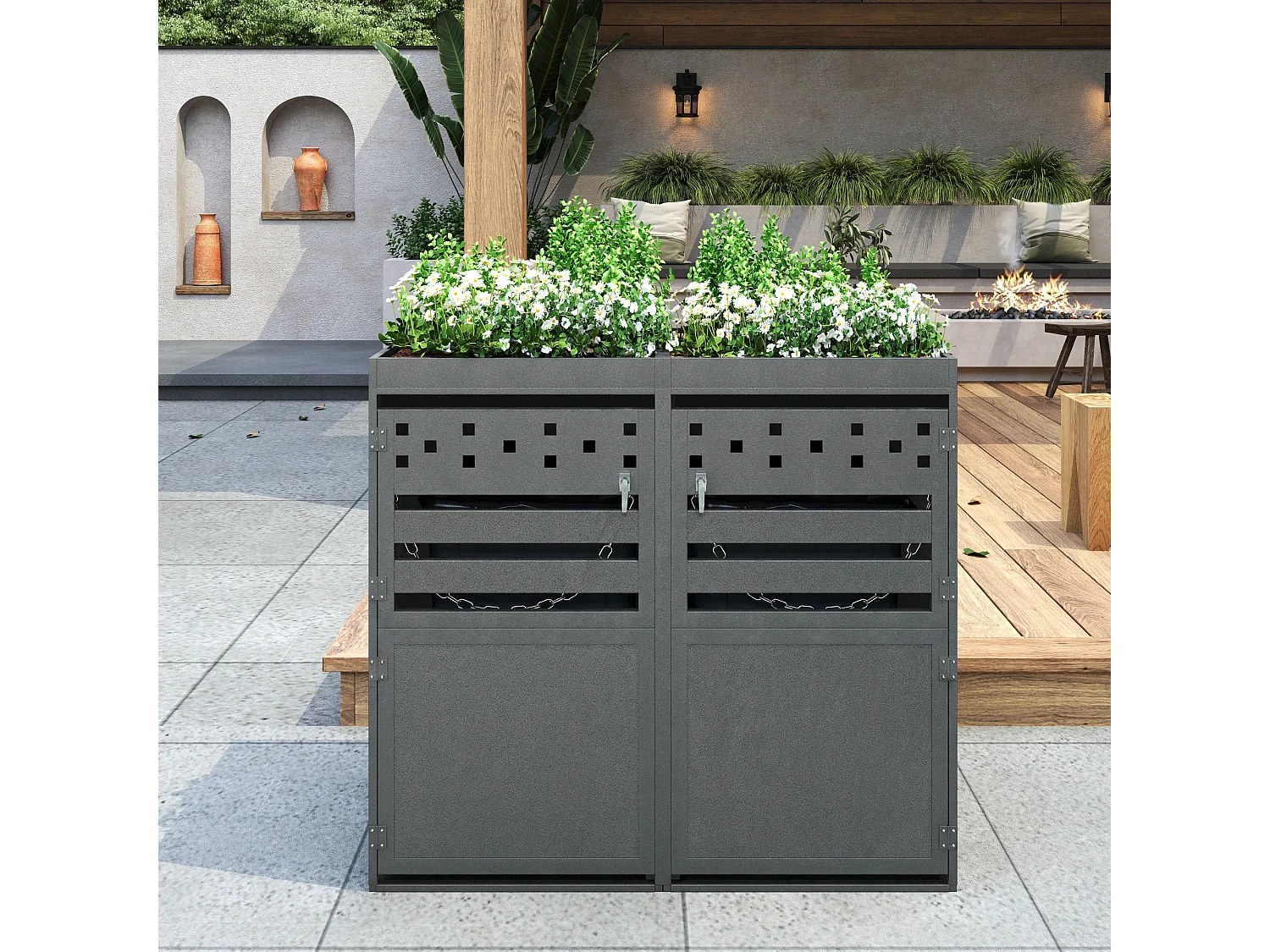 Double Bin Shelter - 2 x 240L - Dark Wood-Effect Door - Lockable - Stainless Steel - with Ventilation Holes - Integrated Planter - Grey