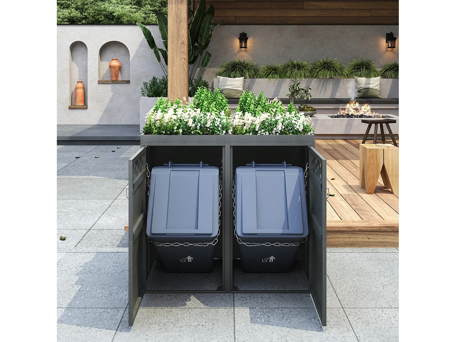 Double Bin Shelter - 2 x 240L - Dark Wood-Effect Door - Lockable - Stainless Steel - with Ventilation Holes - Integrated Planter - Grey