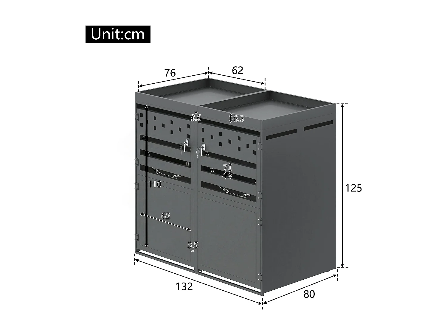 Double Bin Shelter - 2 x 240L - Dark Wood-Effect Door - Lockable - Stainless Steel - with Ventilation Holes - Integrated Planter - Grey