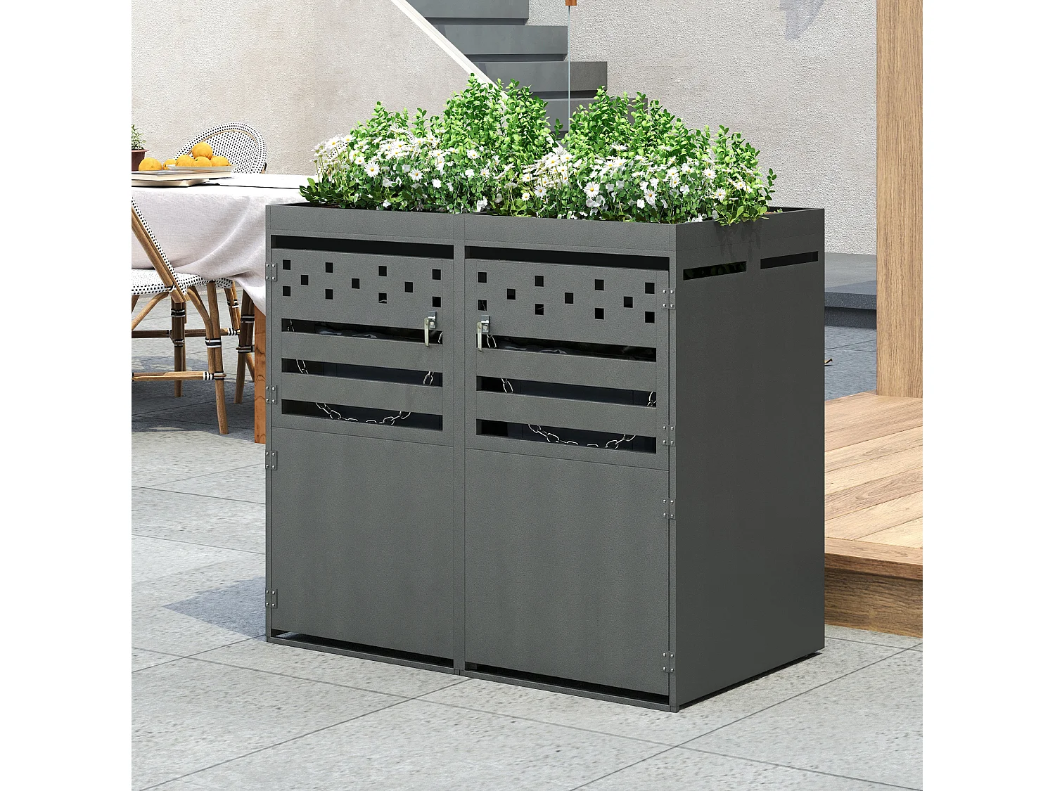 Double Bin Shelter - 2 x 240L - Dark Wood-Effect Door - Lockable - Stainless Steel - with Ventilation Holes - Integrated Planter - Grey