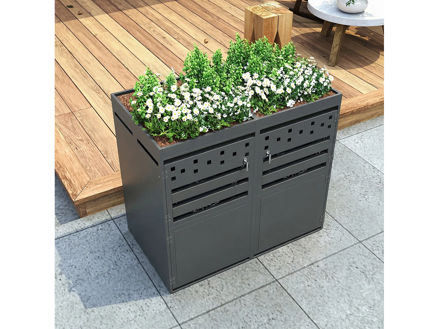 Double Bin Shelter - 2 x 240L - Dark Wood-Effect Door - Lockable - Stainless Steel - with Ventilation Holes - Integrated Planter - Grey