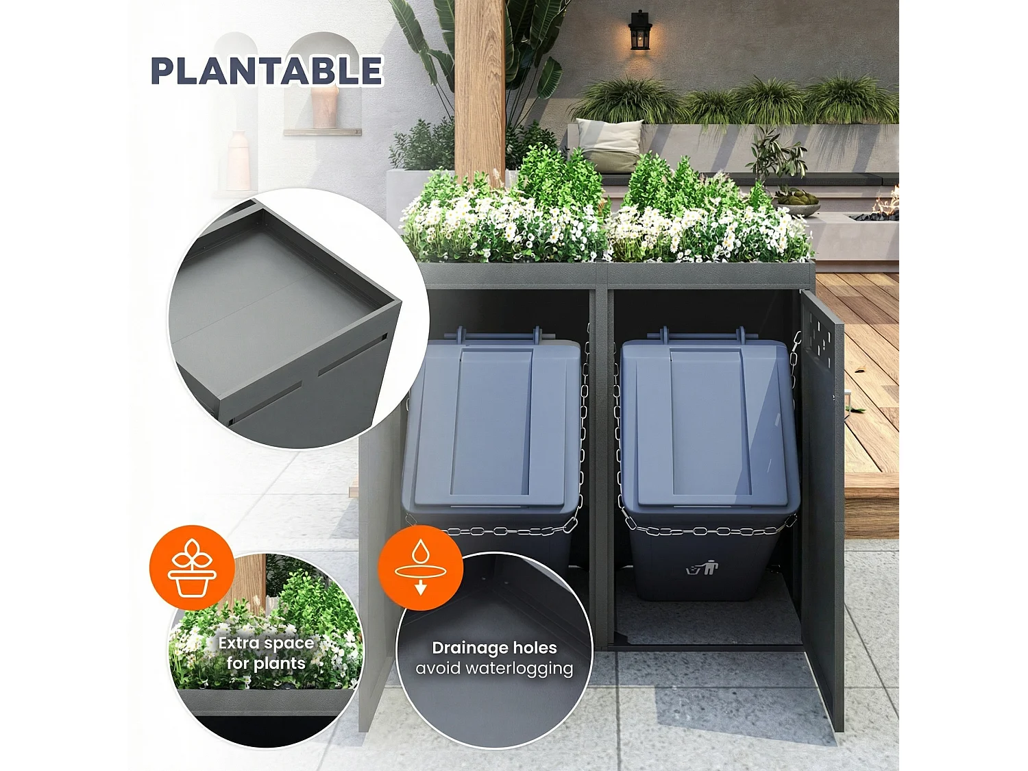 Double Bin Shelter - 2 x 240L - Dark Wood-Effect Door - Lockable - Stainless Steel - with Ventilation Holes - Integrated Planter - Grey
