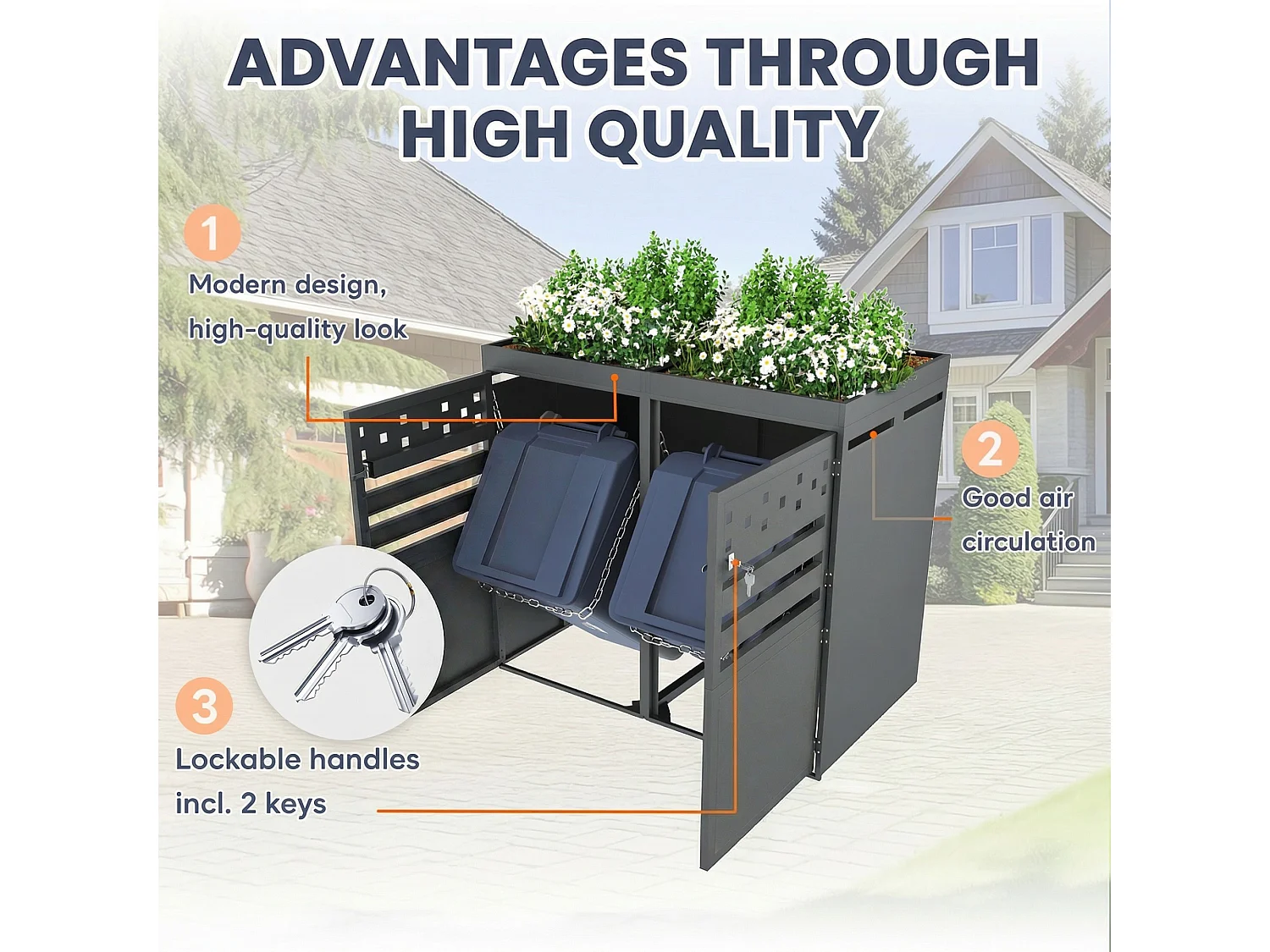 Double Bin Shelter - 2 x 240L - Dark Wood-Effect Door - Lockable - Stainless Steel - with Ventilation Holes - Integrated Planter - Grey