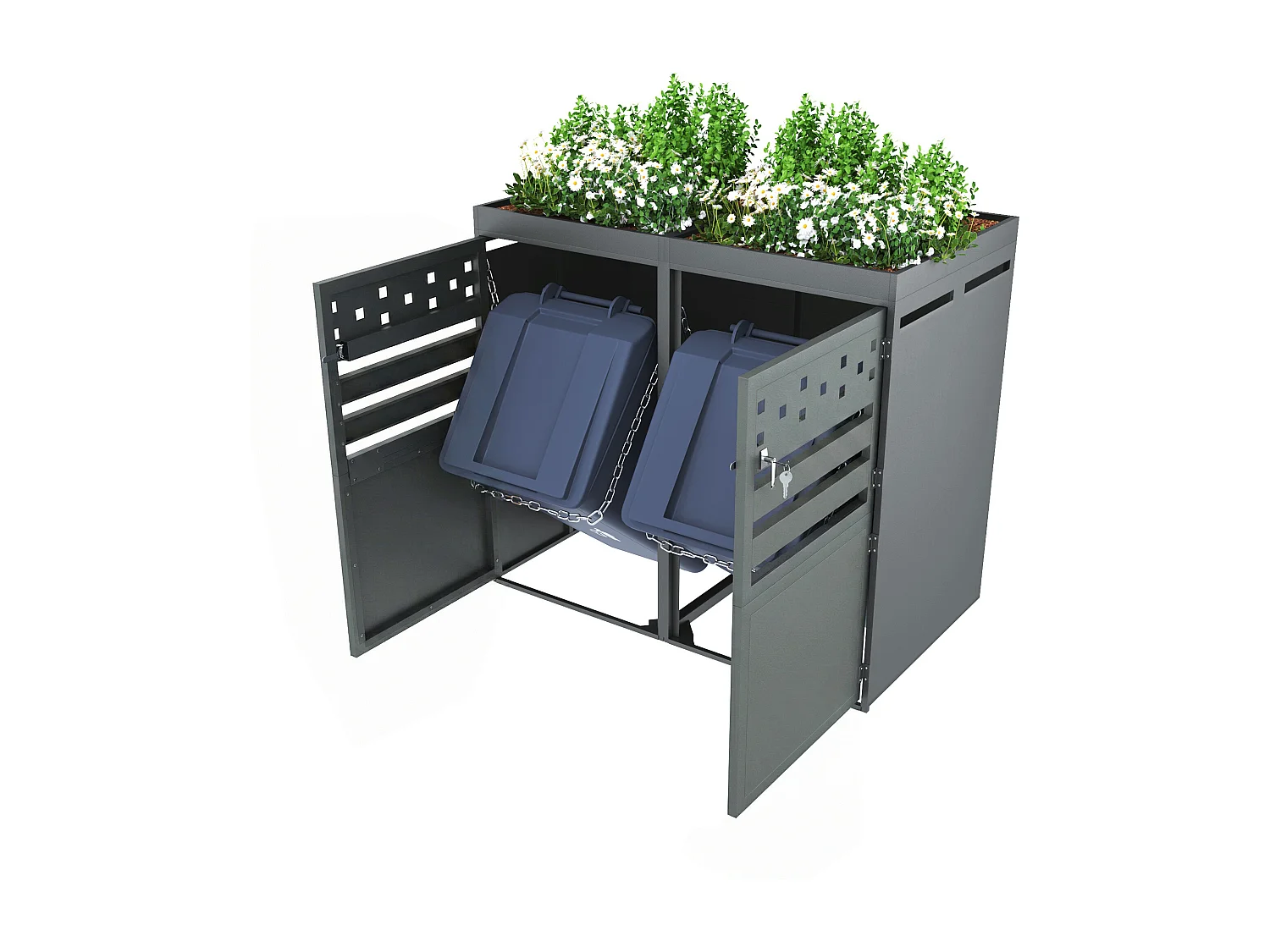 Double Bin Shelter - 2 x 240L - Dark Wood-Effect Door - Lockable - Stainless Steel - with Ventilation Holes - Integrated Planter - Grey