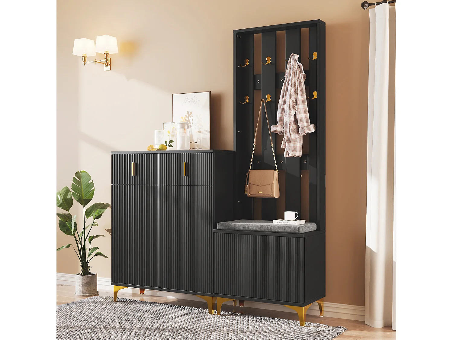 Wardrobe set - with hooks, shoe bench and a locker - Black