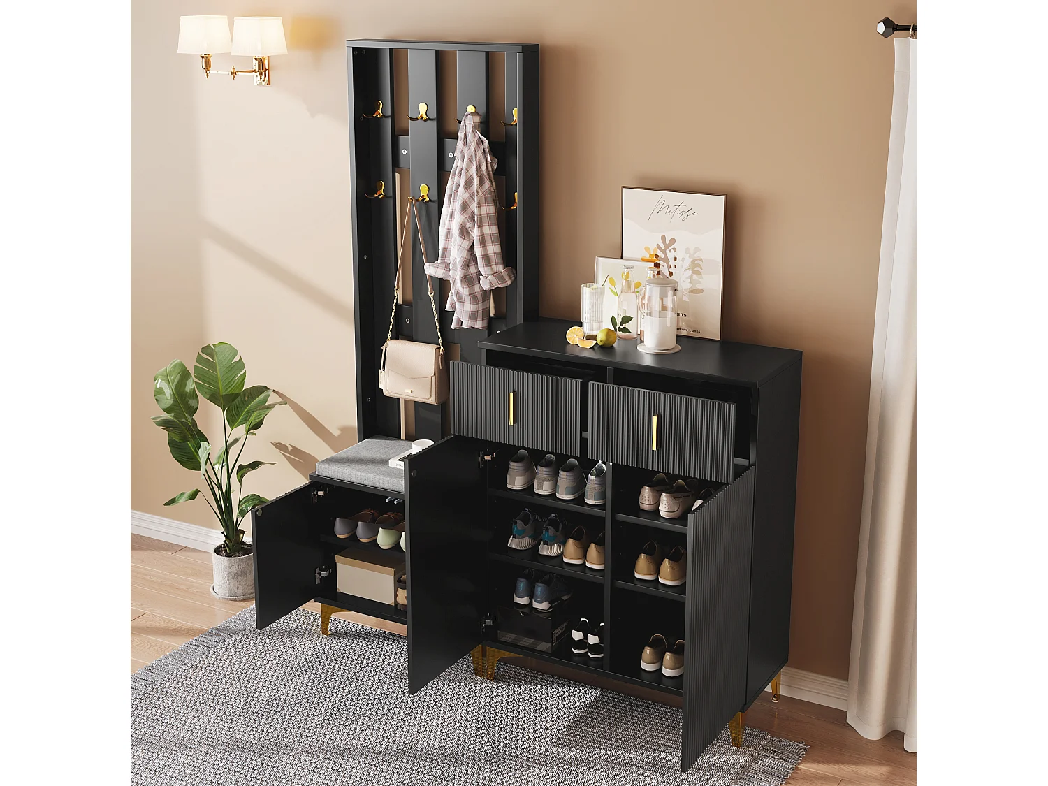 Wardrobe set - with hooks, shoe bench and a locker - Black