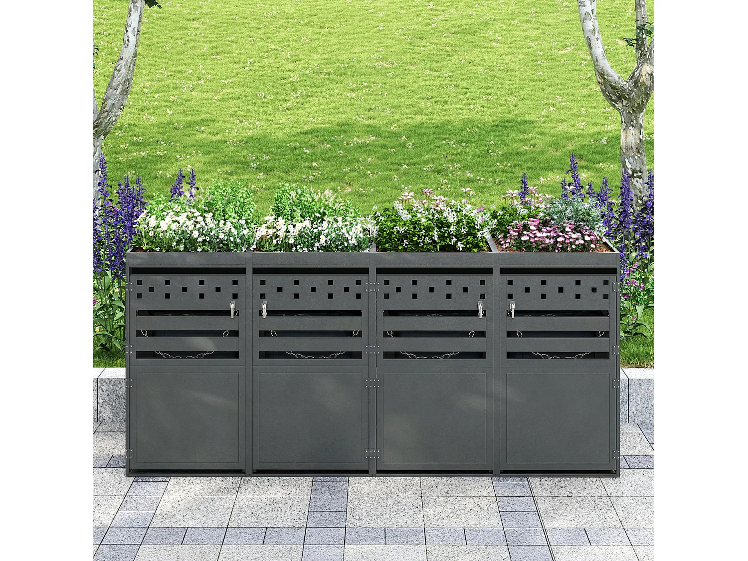 Bin Shelter - 4 x 240L - Dark Wood-Effect Door - Lockable - Stainless Steel - with Ventilation Holes - Integrated Planter - Grey