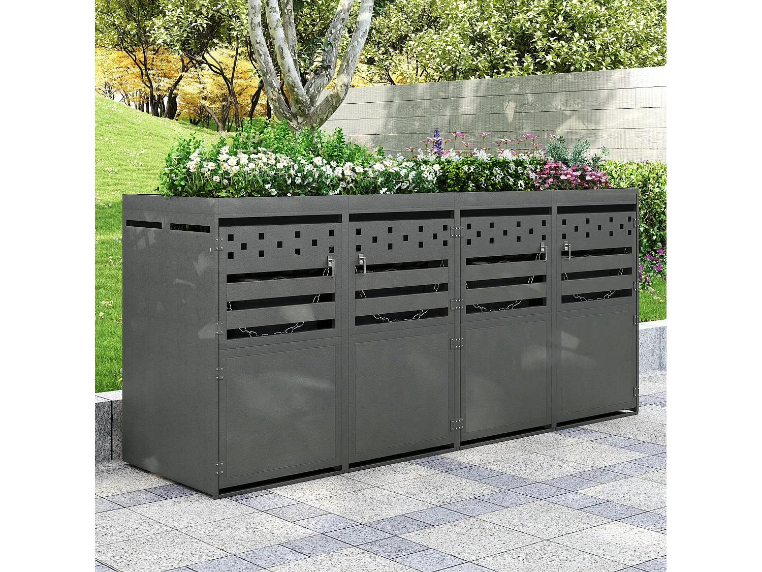 Bin Shelter - 4 x 240L - Dark Wood-Effect Door - Lockable - Stainless Steel - with Ventilation Holes - Integrated Planter - Grey