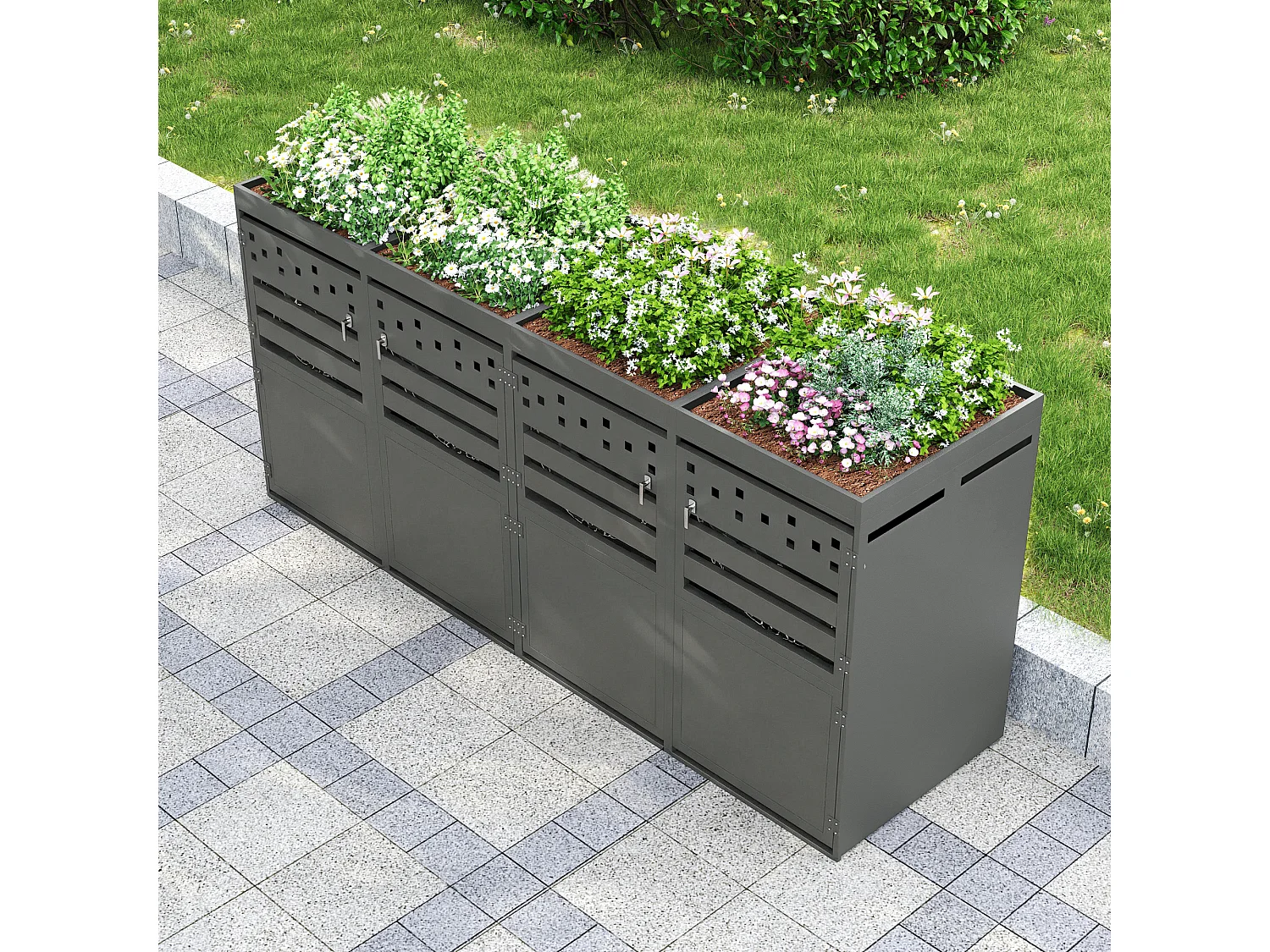 Bin Shelter - 4 x 240L - Dark Wood-Effect Door - Lockable - Stainless Steel - with Ventilation Holes - Integrated Planter - Grey