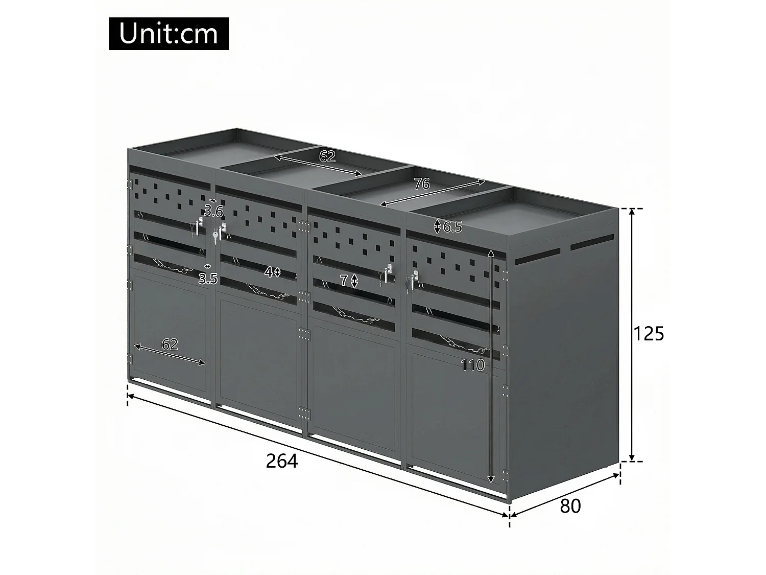 Bin Shelter - 4 x 240L - Dark Wood-Effect Door - Lockable - Stainless Steel - with Ventilation Holes - Integrated Planter - Grey