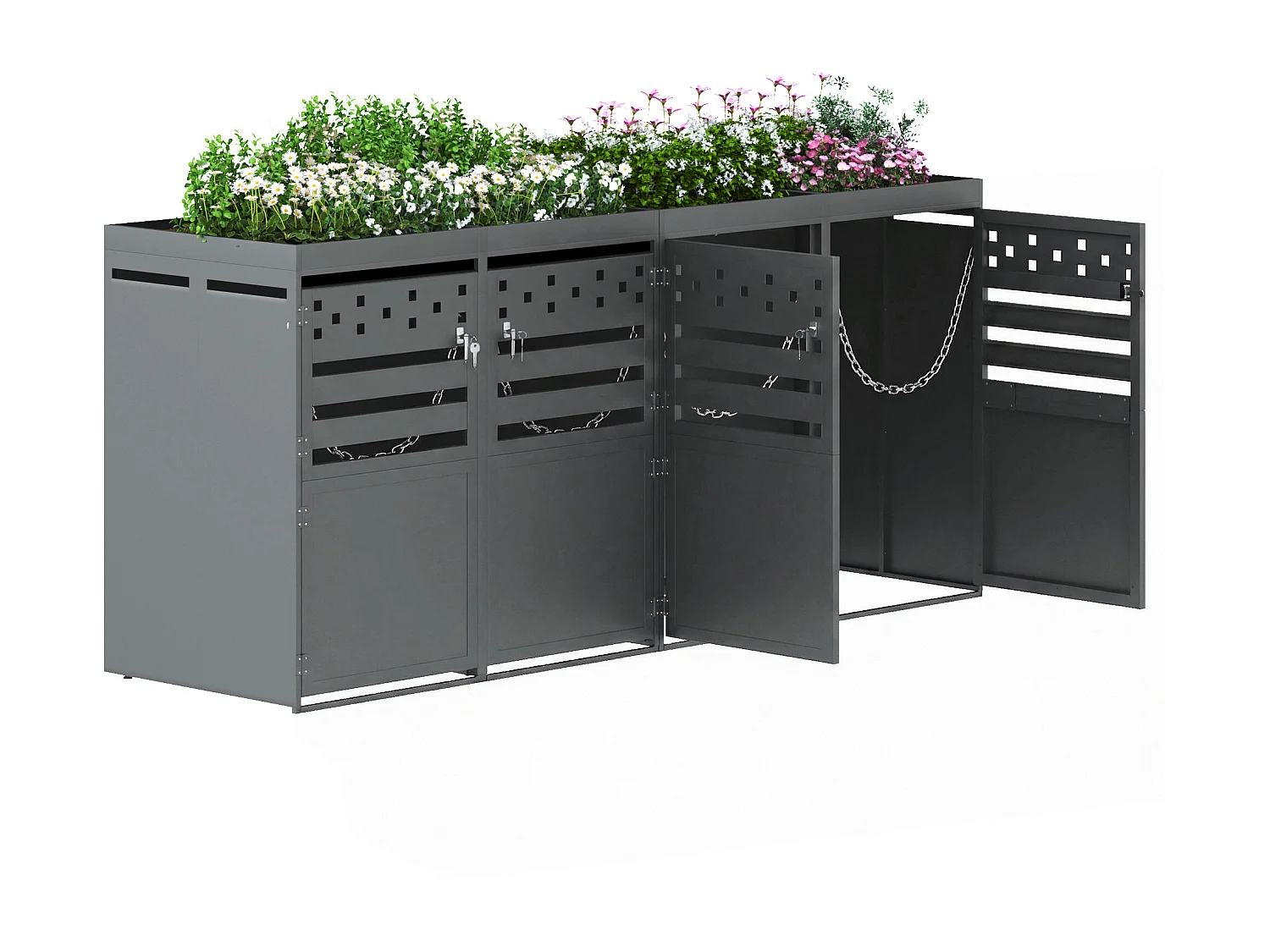 Bin Shelter - 4 x 240L - Dark Wood-Effect Door - Lockable - Stainless Steel - with Ventilation Holes - Integrated Planter - Grey