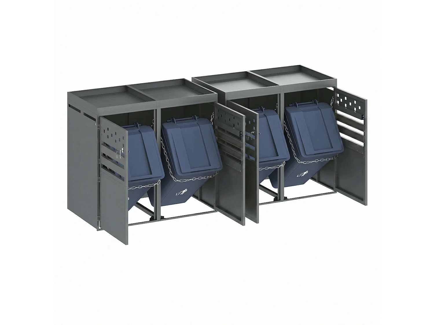 Bin Shelter - 4 x 240L - Dark Wood-Effect Door - Lockable - Stainless Steel - with Ventilation Holes - Integrated Planter - Grey