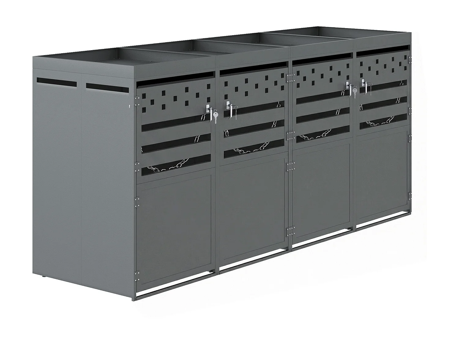 Bin Shelter - 4 x 240L - Dark Wood-Effect Door - Lockable - Stainless Steel - with Ventilation Holes - Integrated Planter - Grey