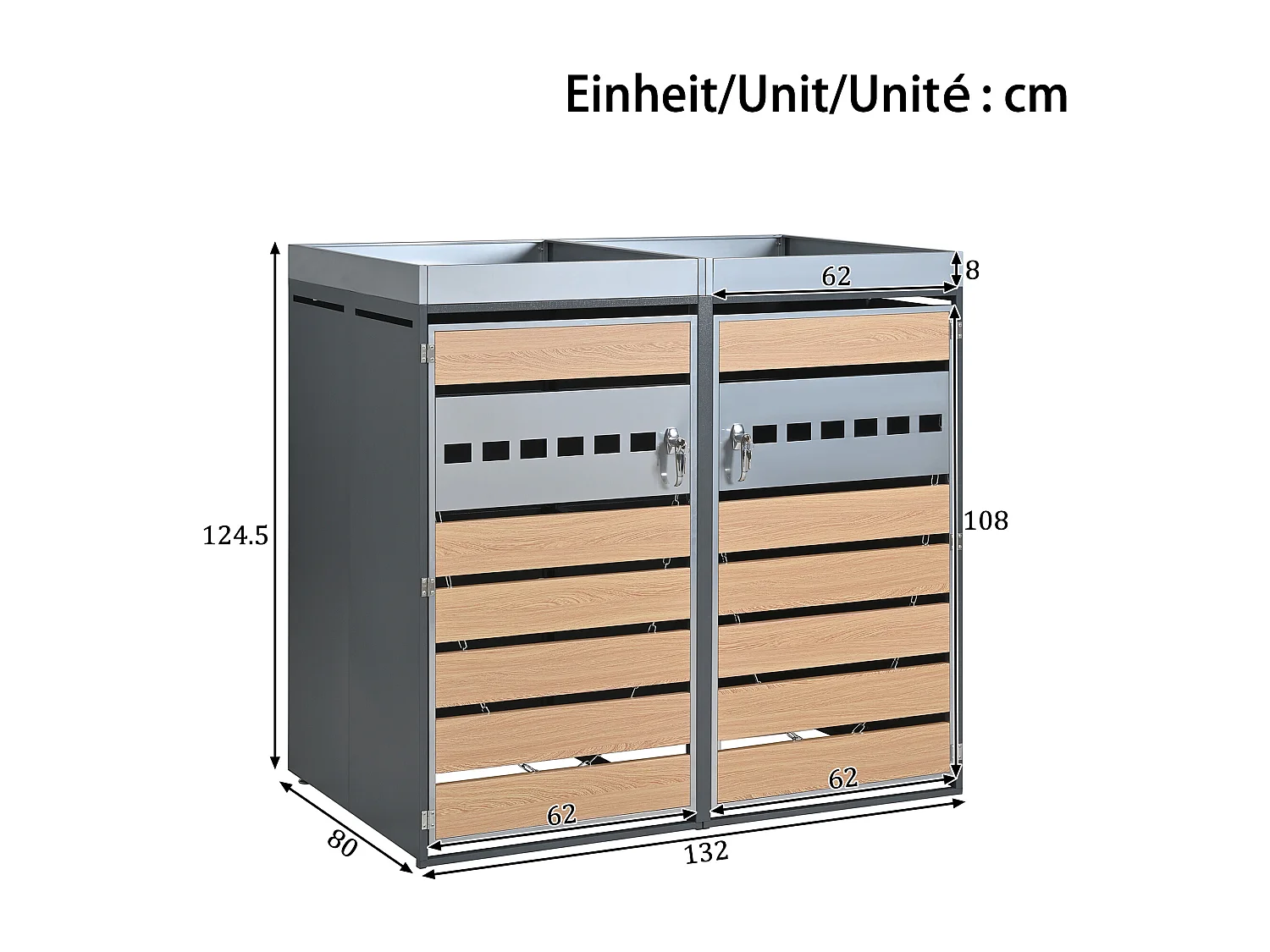 Double Bin Cover 2x240L with Hydraulic Lid and Ventilation Strip - Galvanized Steel with Wood Finish - Double Opening - Grey