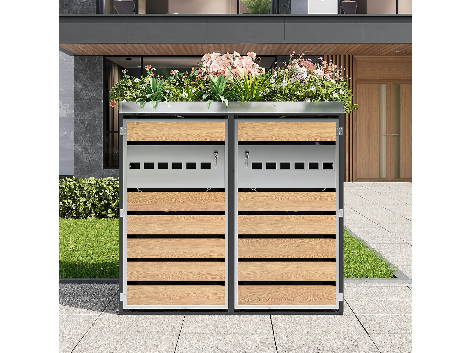Double Bin Cover 2x240L with Hydraulic Lid and Ventilation Strip - Galvanized Steel with Wood Finish - Double Opening - Grey