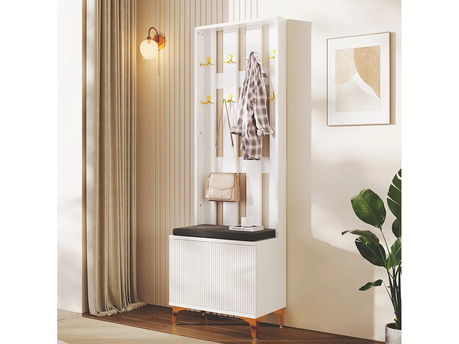 Living room wardrobe - with hooks and shoe bench - White