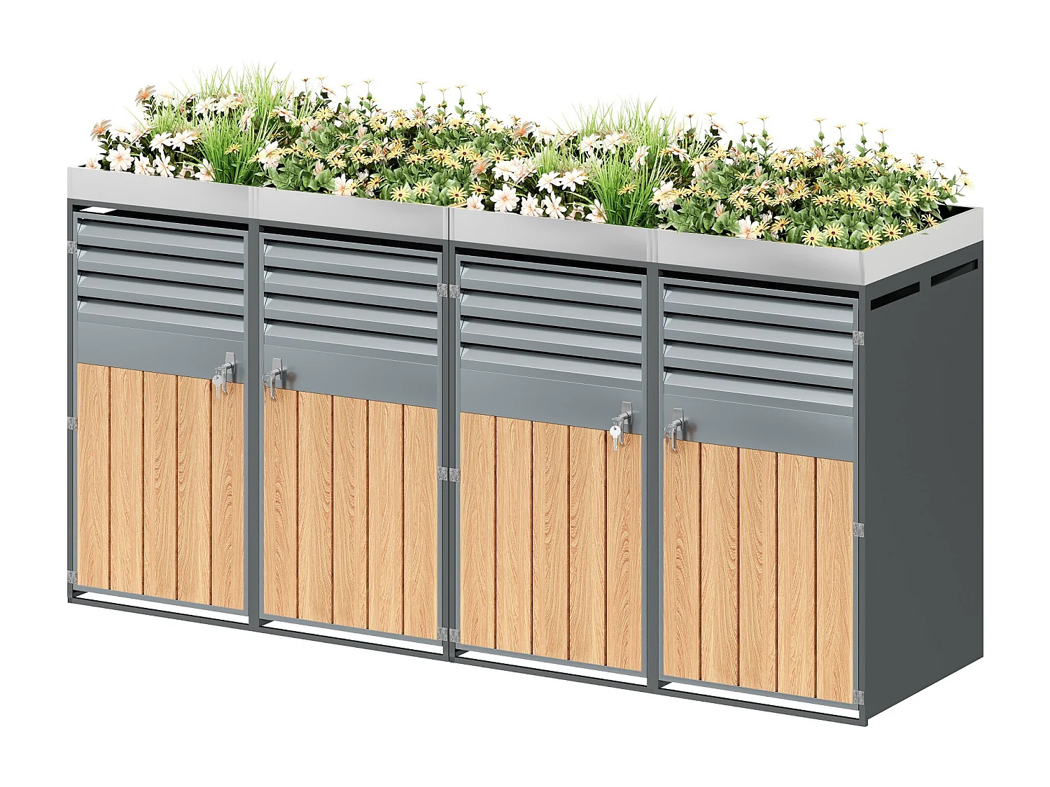 Quadruple Bin Enclosure 4x240L with Gas Spring Lids - Ventilated Louvered Design - Galvanized Steel with Wood Finish - XXL - Grey