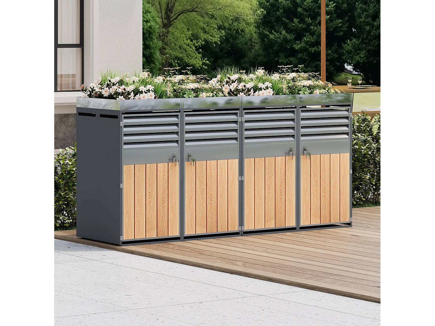 Quadruple Bin Enclosure 4x240L with Gas Spring Lids - Ventilated Louvered Design - Galvanized Steel with Wood Finish - XXL - Grey