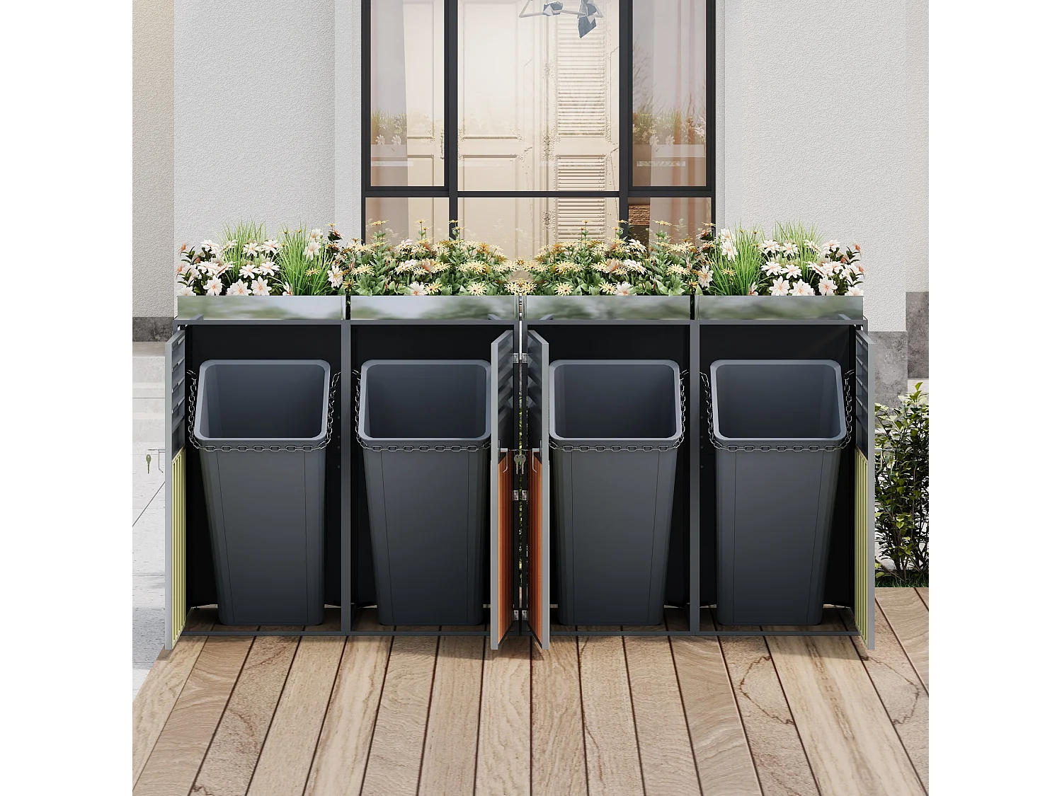 Quadruple Bin Enclosure 4x240L with Gas Spring Lids - Ventilated Louvered Design - Galvanized Steel with Wood Finish - XXL - Grey