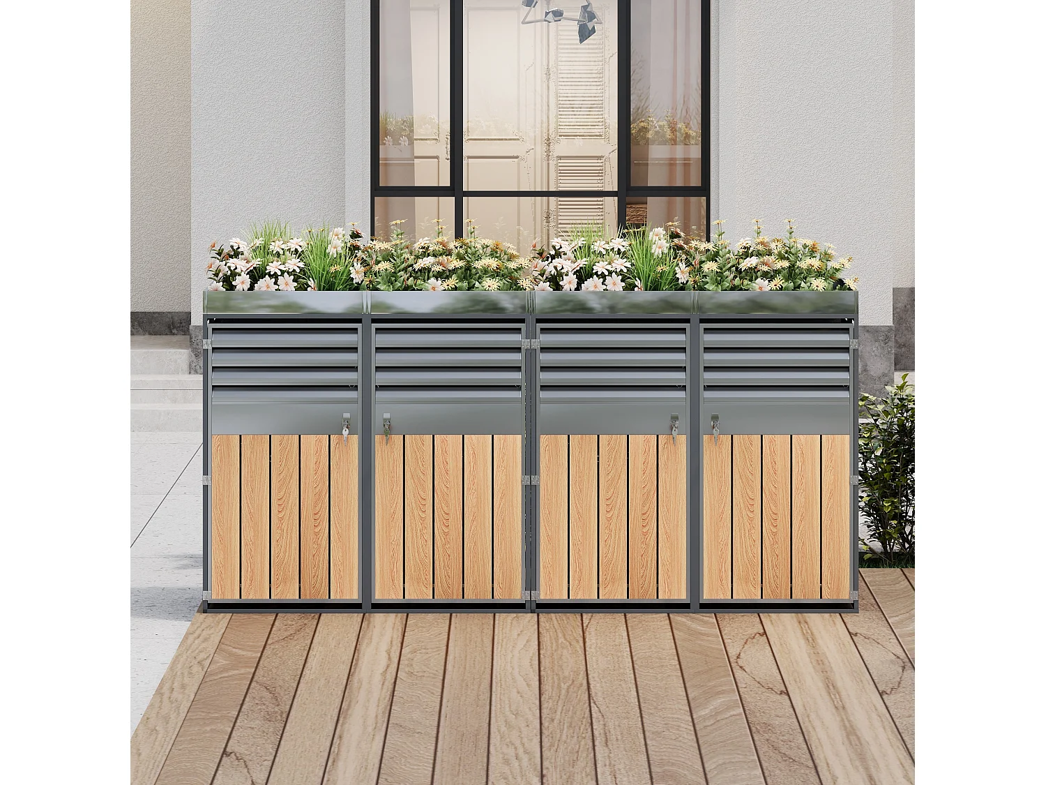 Quadruple Bin Enclosure 4x240L with Gas Spring Lids - Ventilated Louvered Design - Galvanized Steel with Wood Finish - XXL - Grey