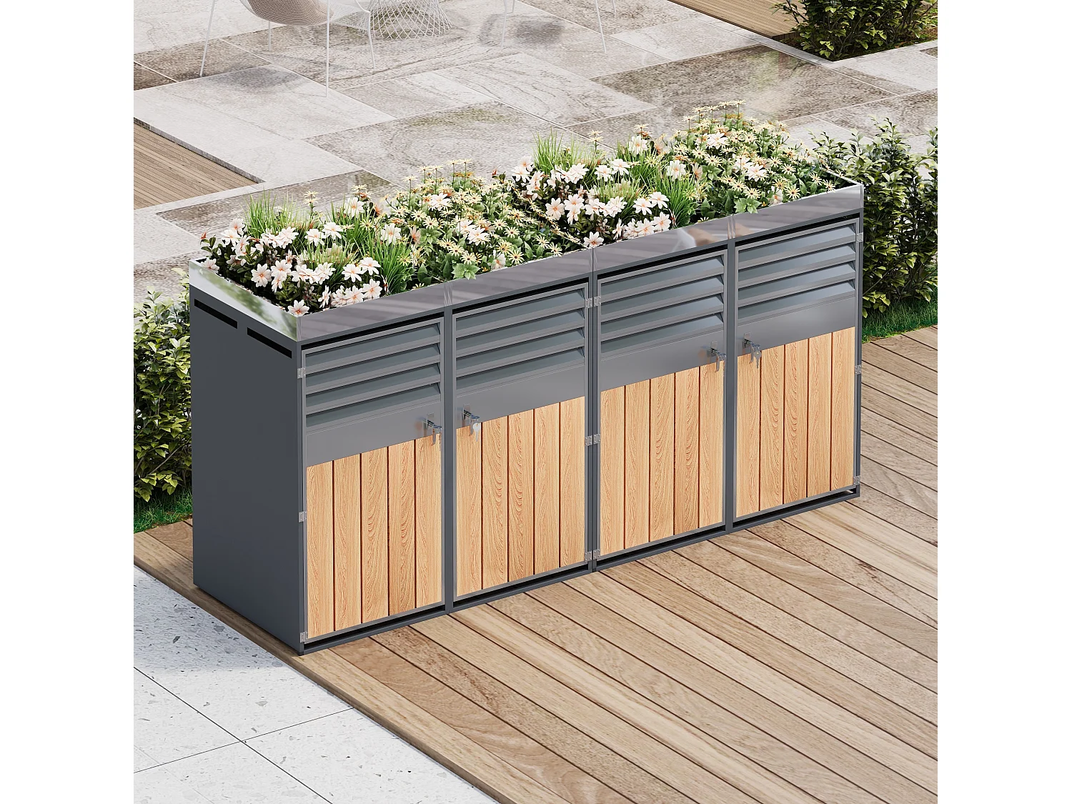 Quadruple Bin Enclosure 4x240L with Gas Spring Lids - Ventilated Louvered Design - Galvanized Steel with Wood Finish - XXL - Grey
