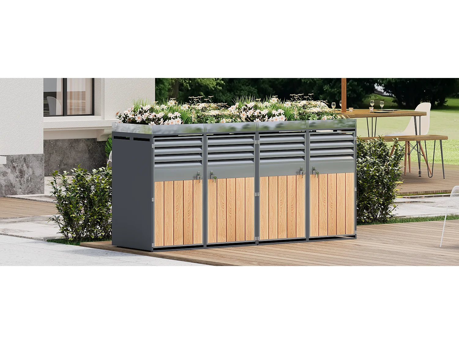 Quadruple Bin Enclosure 4x240L with Gas Spring Lids - Ventilated Louvered Design - Galvanized Steel with Wood Finish - XXL - Grey