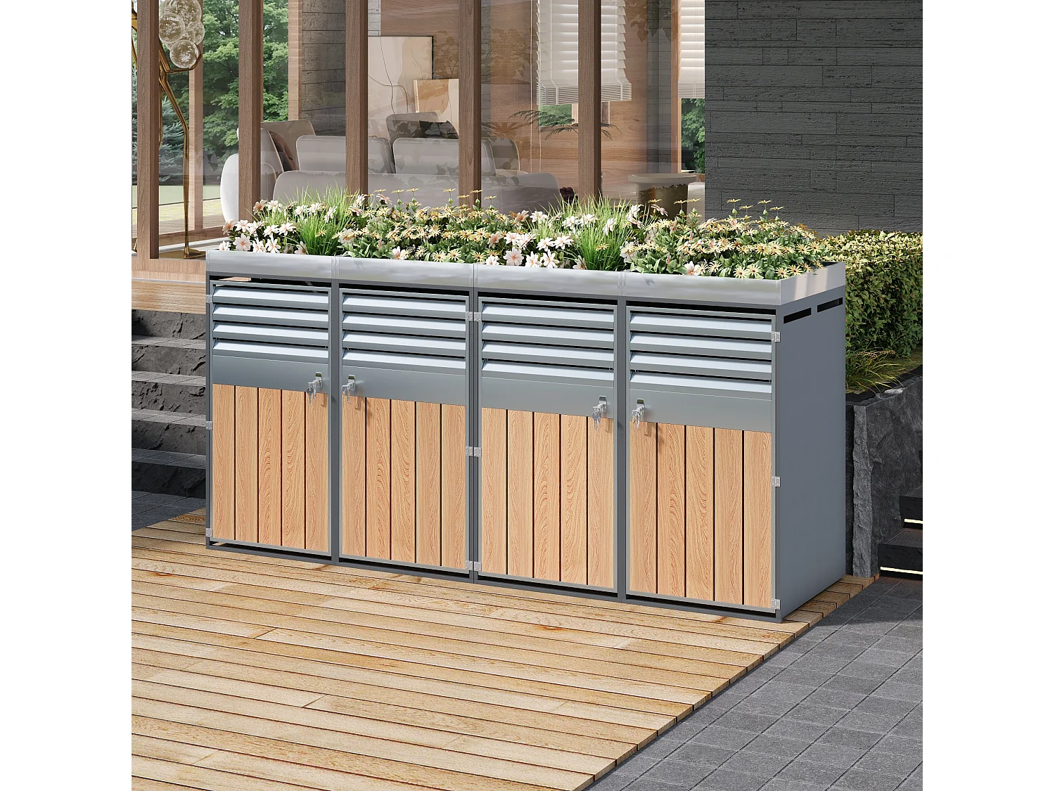 Quadruple Bin Enclosure 4x240L with Gas Spring Lids - Ventilated Louvered Design - Galvanized Steel with Wood Finish - XXL - Grey