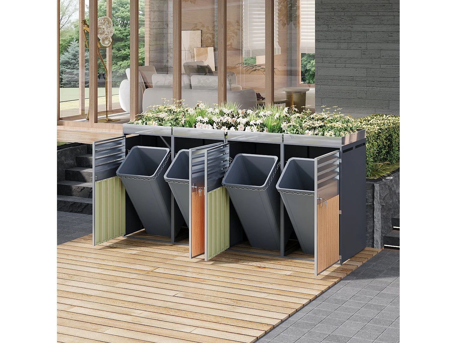 Quadruple Bin Enclosure 4x240L with Gas Spring Lids - Ventilated Louvered Design - Galvanized Steel with Wood Finish - XXL - Grey