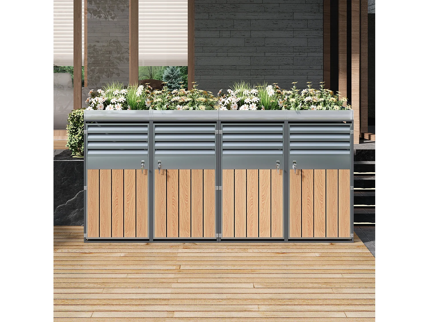 Quadruple Bin Enclosure 4x240L with Gas Spring Lids - Ventilated Louvered Design - Galvanized Steel with Wood Finish - XXL - Grey
