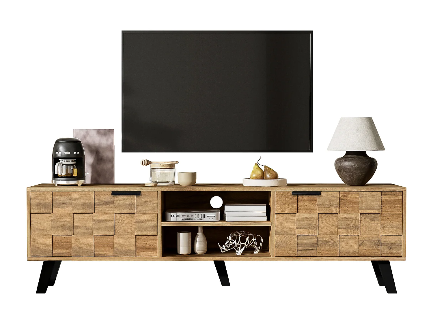 Modern TV Stand - with 2 doors and 2 open compartments - Natural