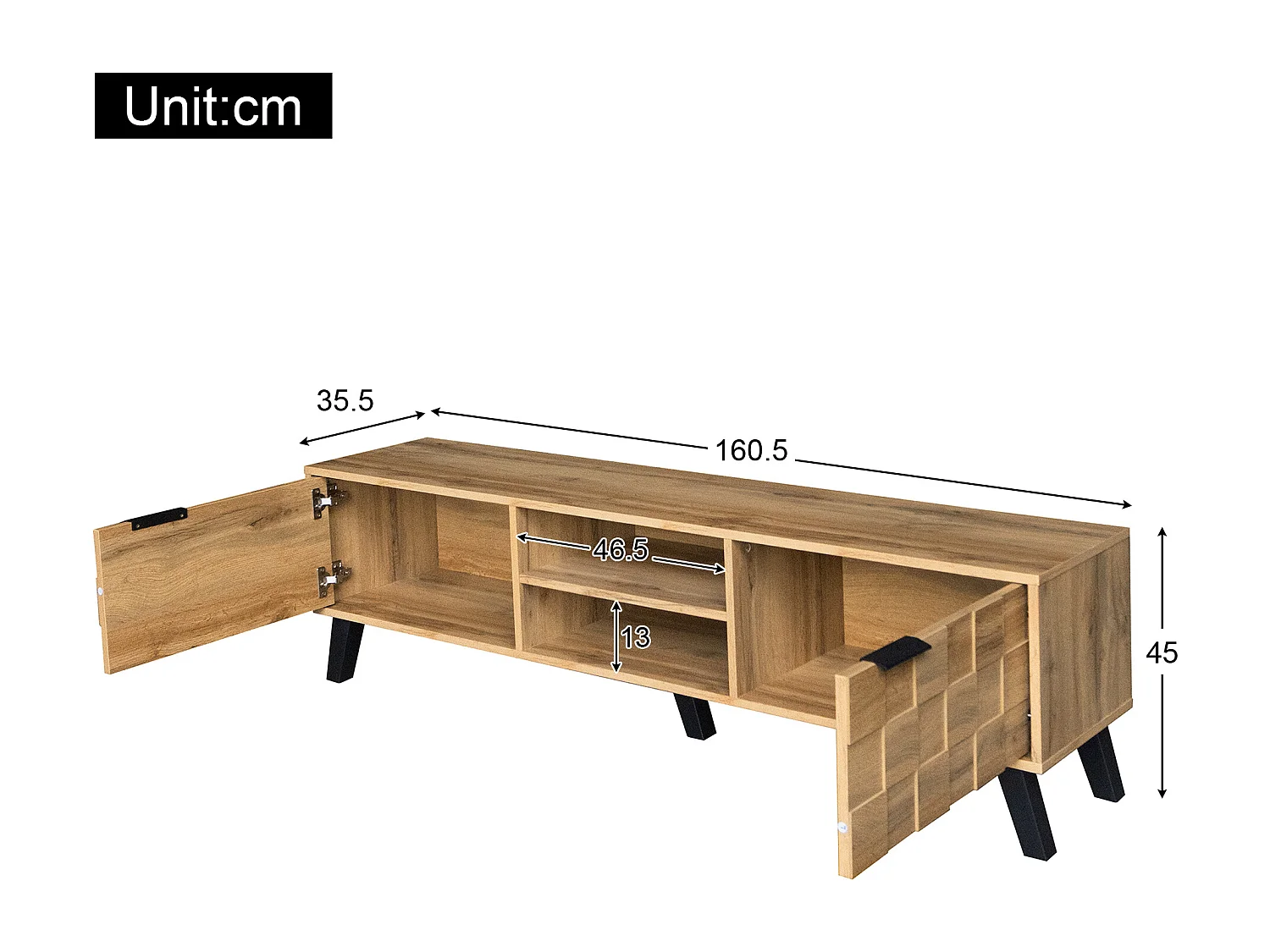 Modern TV Stand - with 2 doors and 2 open compartments - Natural