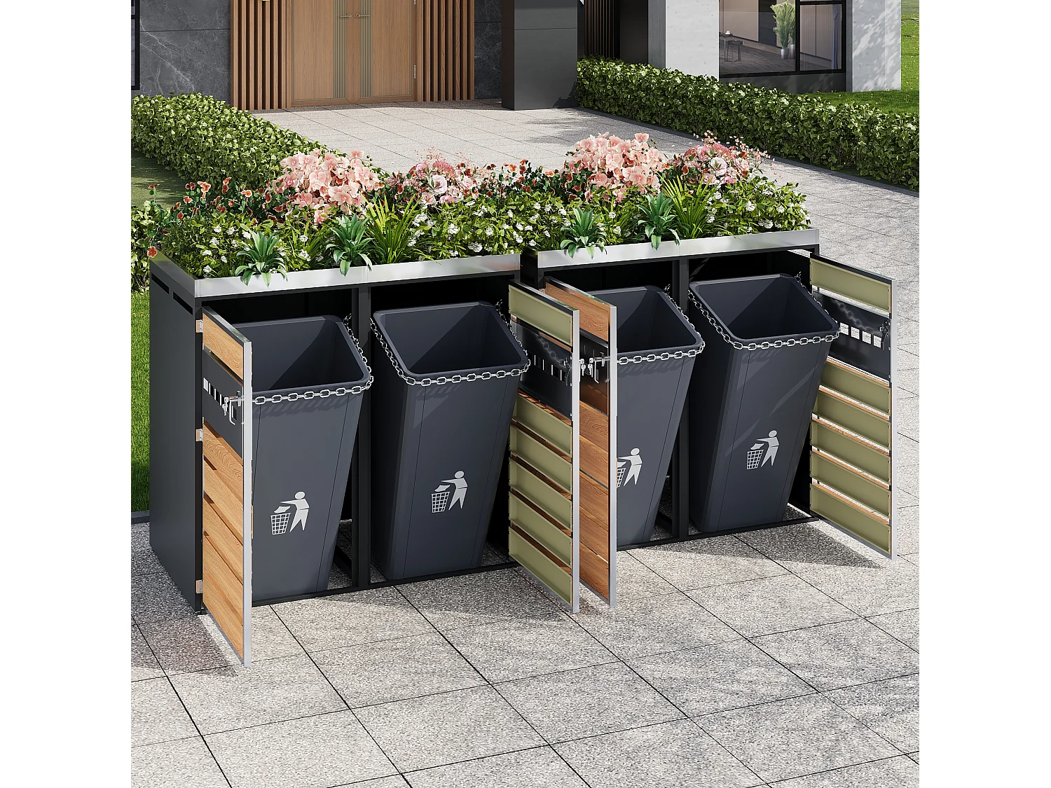 XXL Quadruple Bin Cover 4x240L with Gas Spring Lids - Ventilated Industrial Design - Galvanized Steel and Wood Finish - Grey