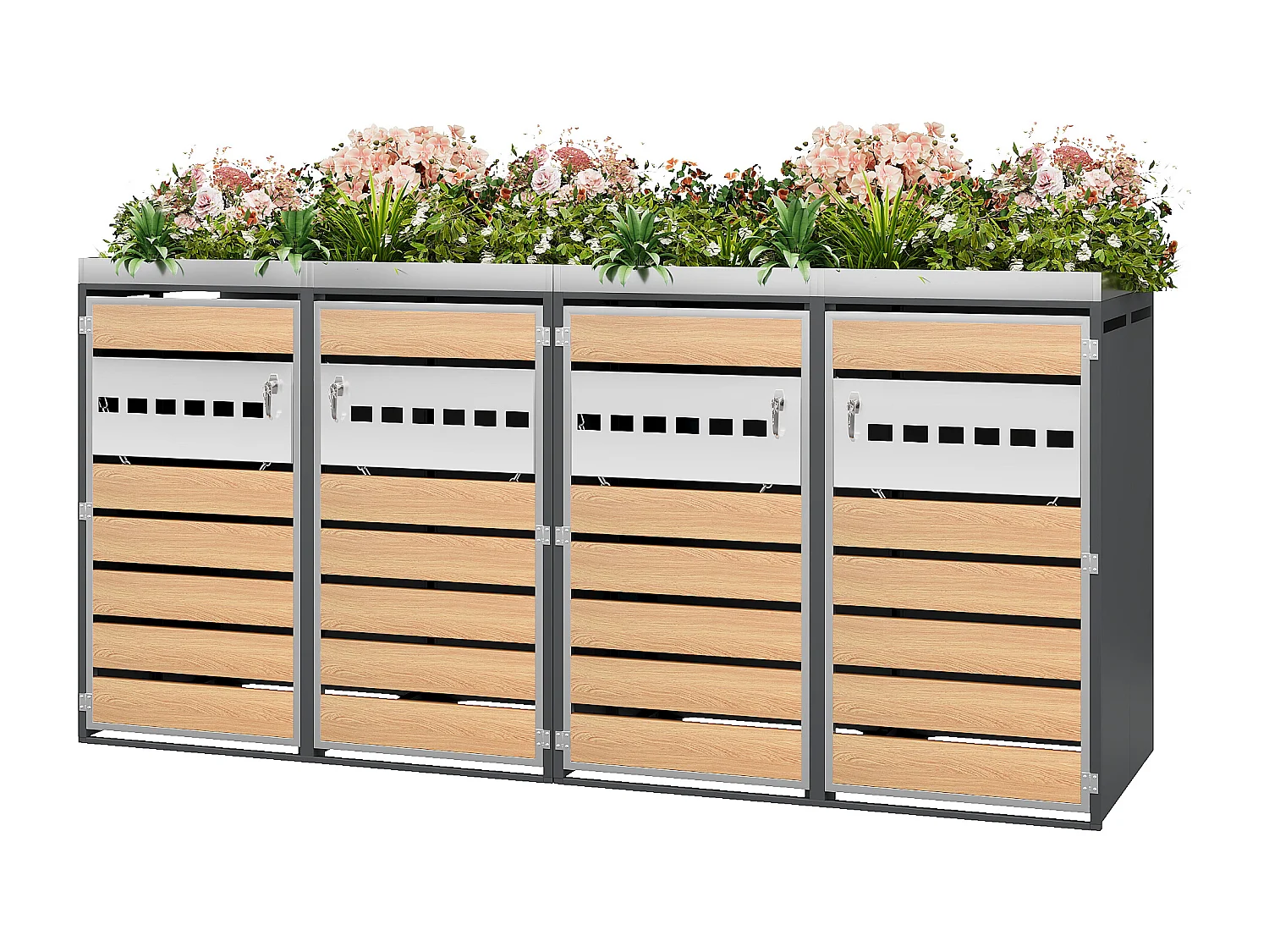 XXL Quadruple Bin Cover 4x240L with Gas Spring Lids - Ventilated Industrial Design - Galvanized Steel and Wood Finish - Grey