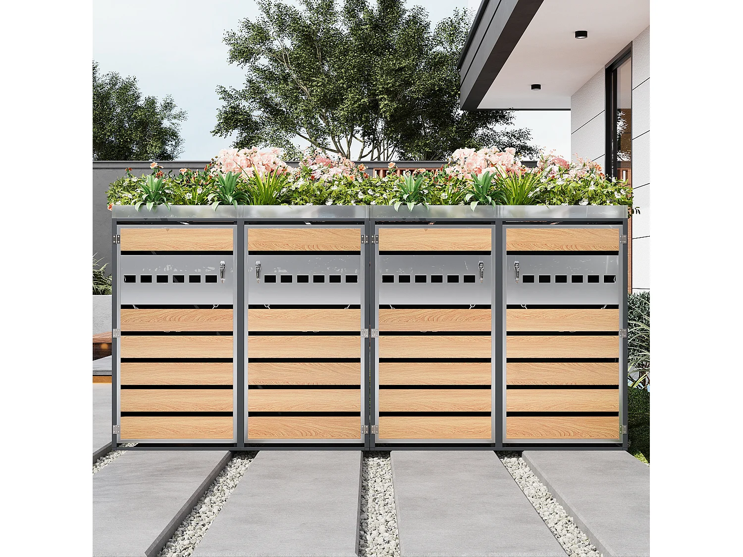 XXL Quadruple Bin Cover 4x240L with Gas Spring Lids - Ventilated Industrial Design - Galvanized Steel and Wood Finish - Grey