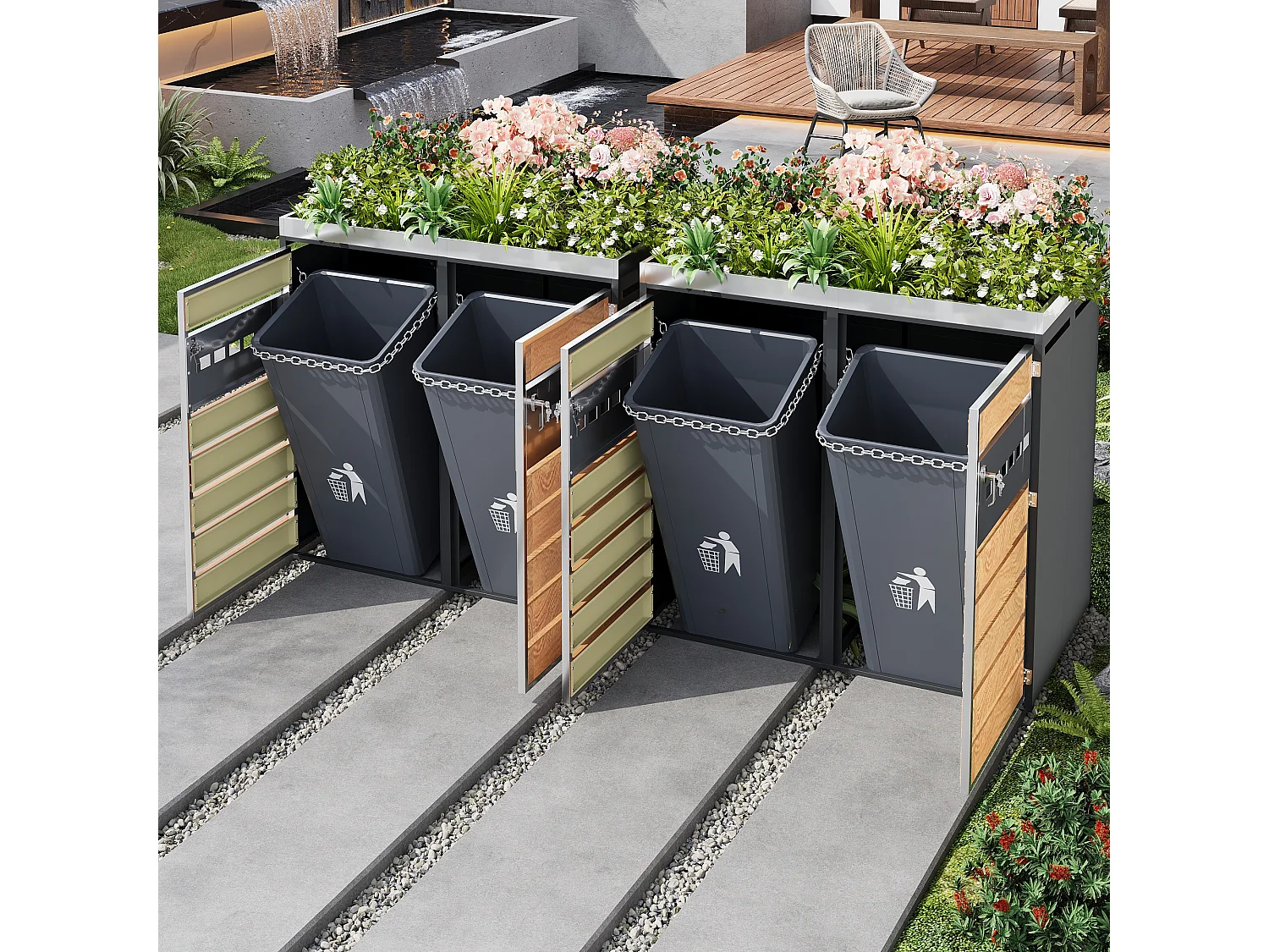 XXL Quadruple Bin Cover 4x240L with Gas Spring Lids - Ventilated Industrial Design - Galvanized Steel and Wood Finish - Grey