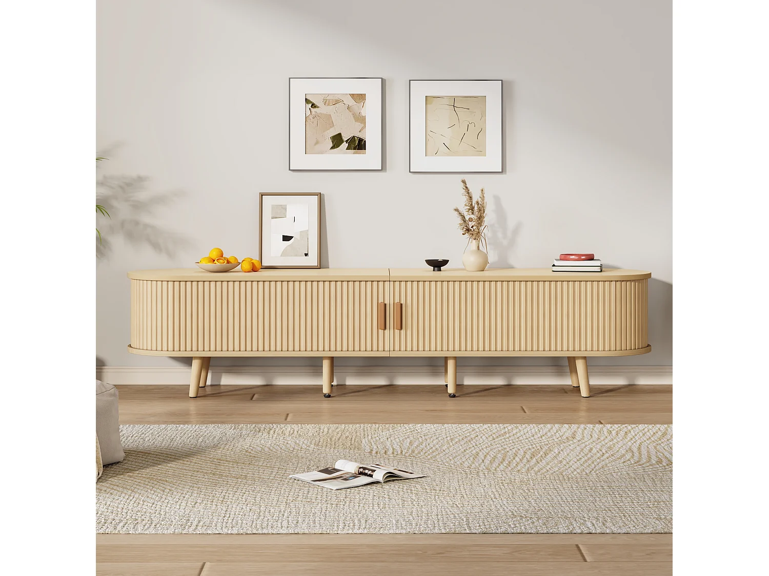 TV stand 175x40x42 cm - with 2 drawers - with 2 sliding doors - natural