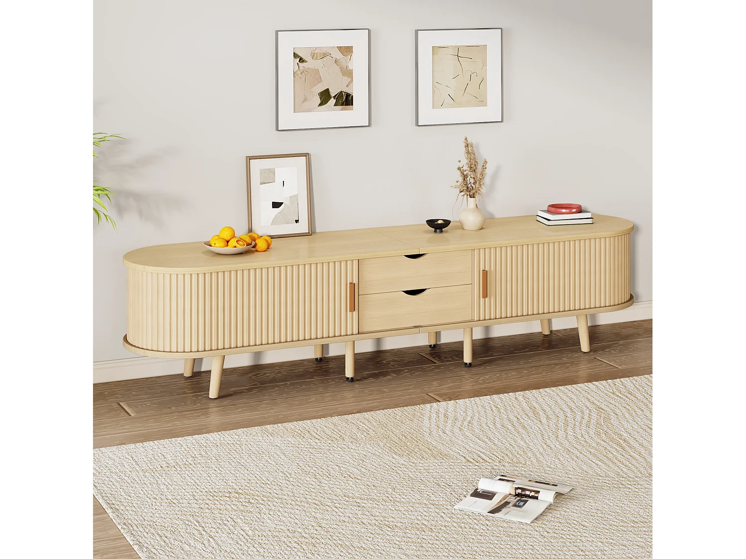 TV stand 175x40x42 cm - with 2 drawers - with 2 sliding doors - natural