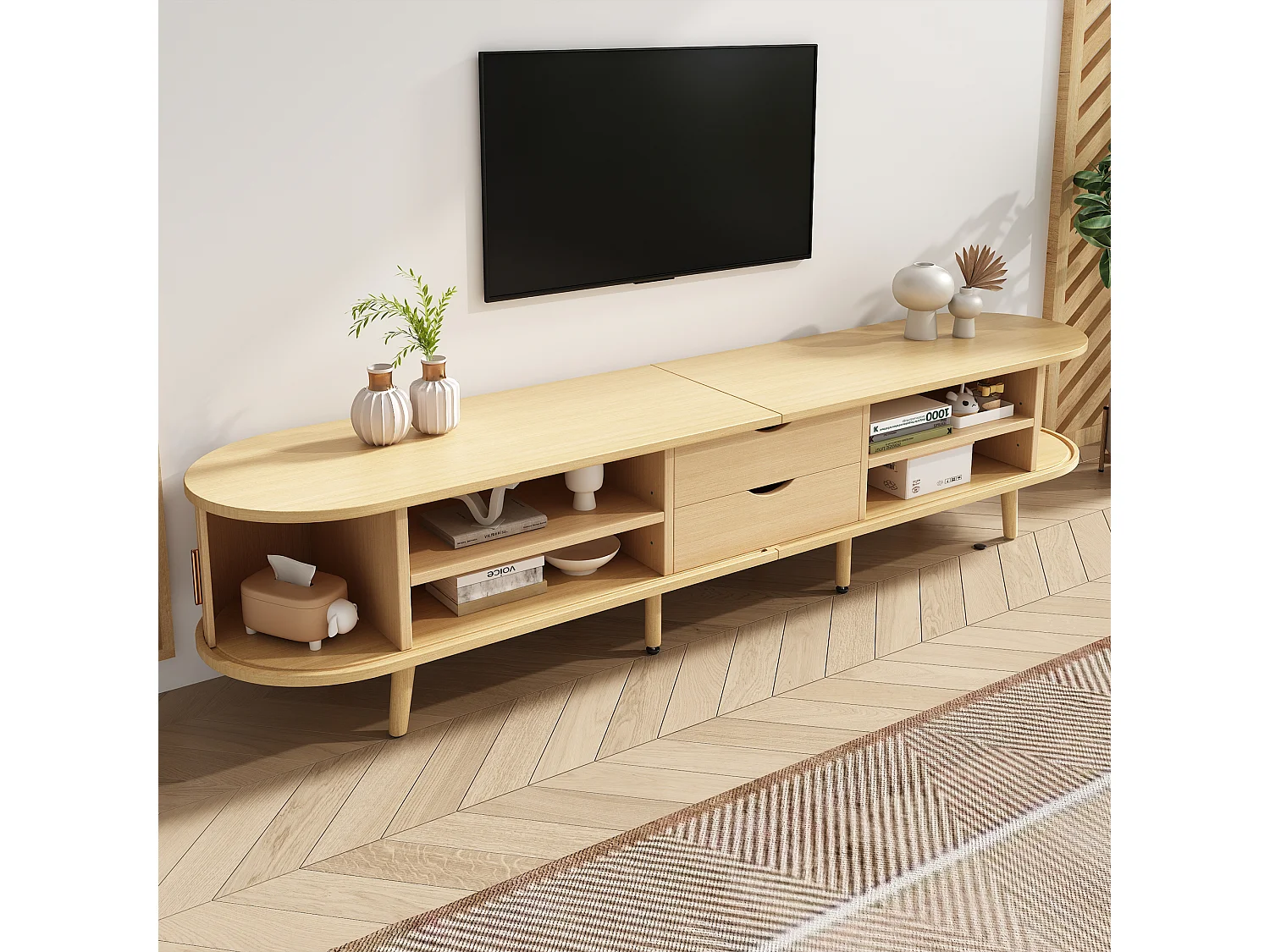 TV stand 175x40x42 cm - with 2 drawers - with 2 sliding doors - natural