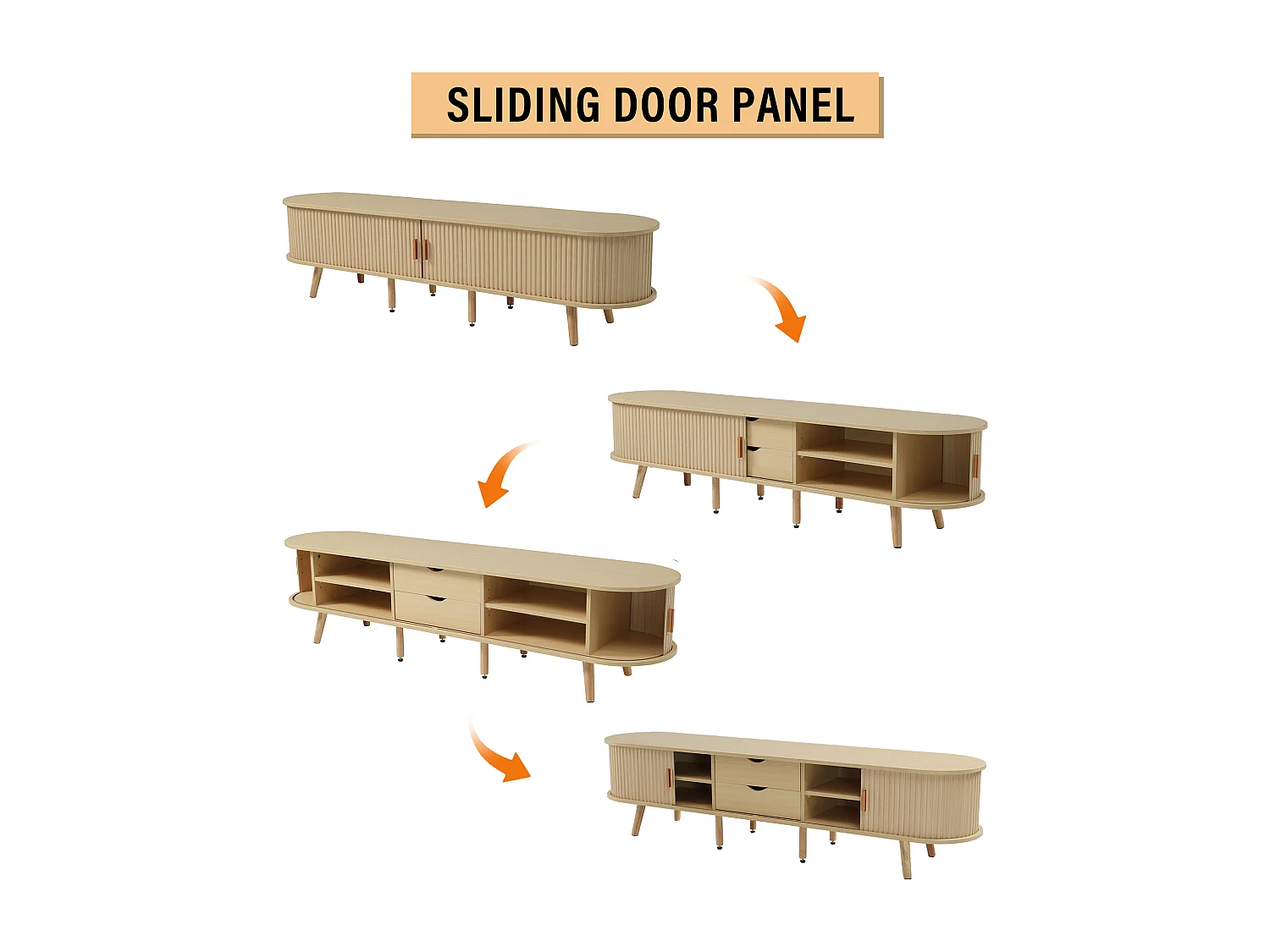 TV stand 175x40x42 cm - with 2 drawers - with 2 sliding doors - natural