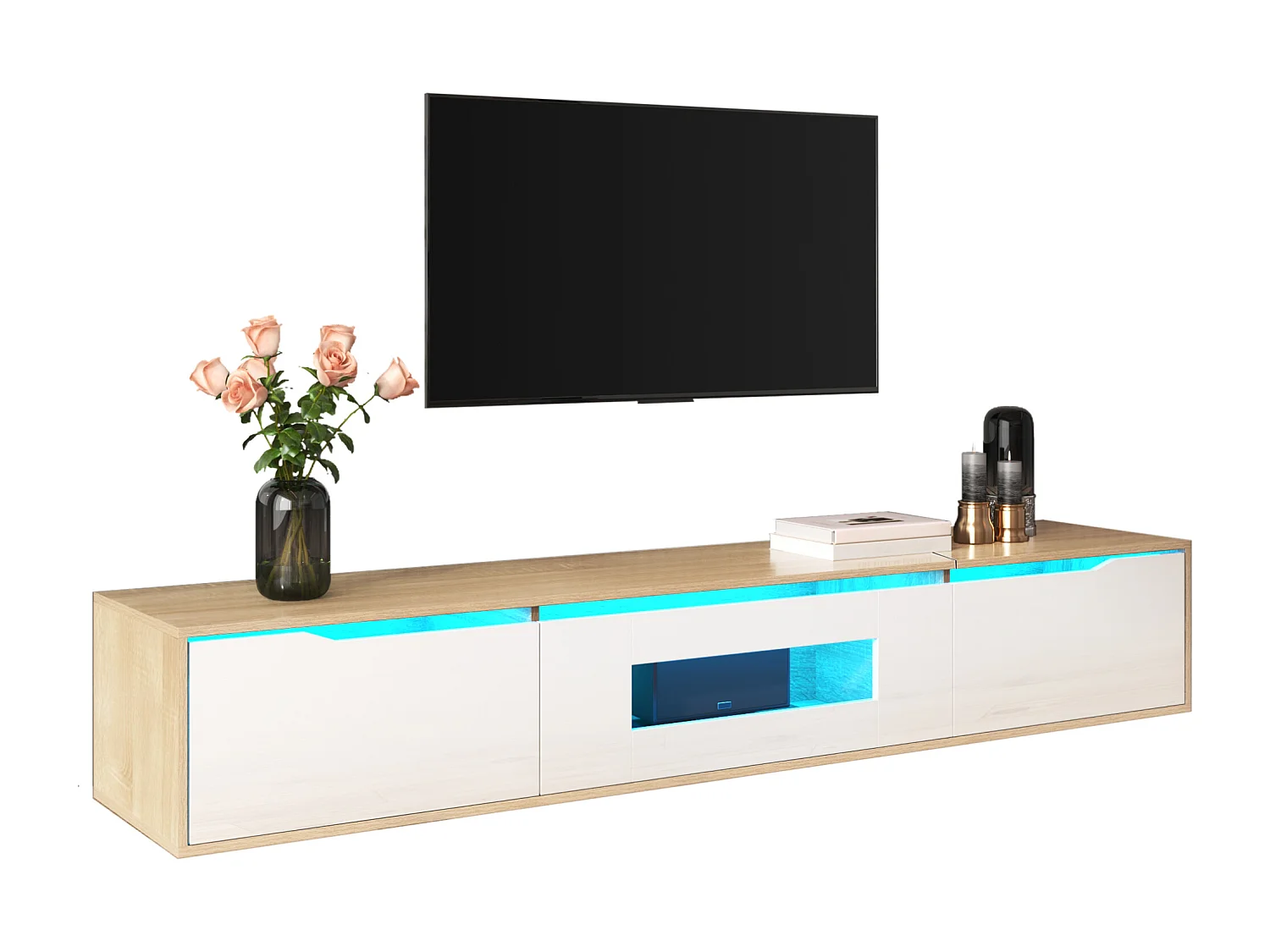 180cm TV stand with color-changing LED light - 3 large compartments - White