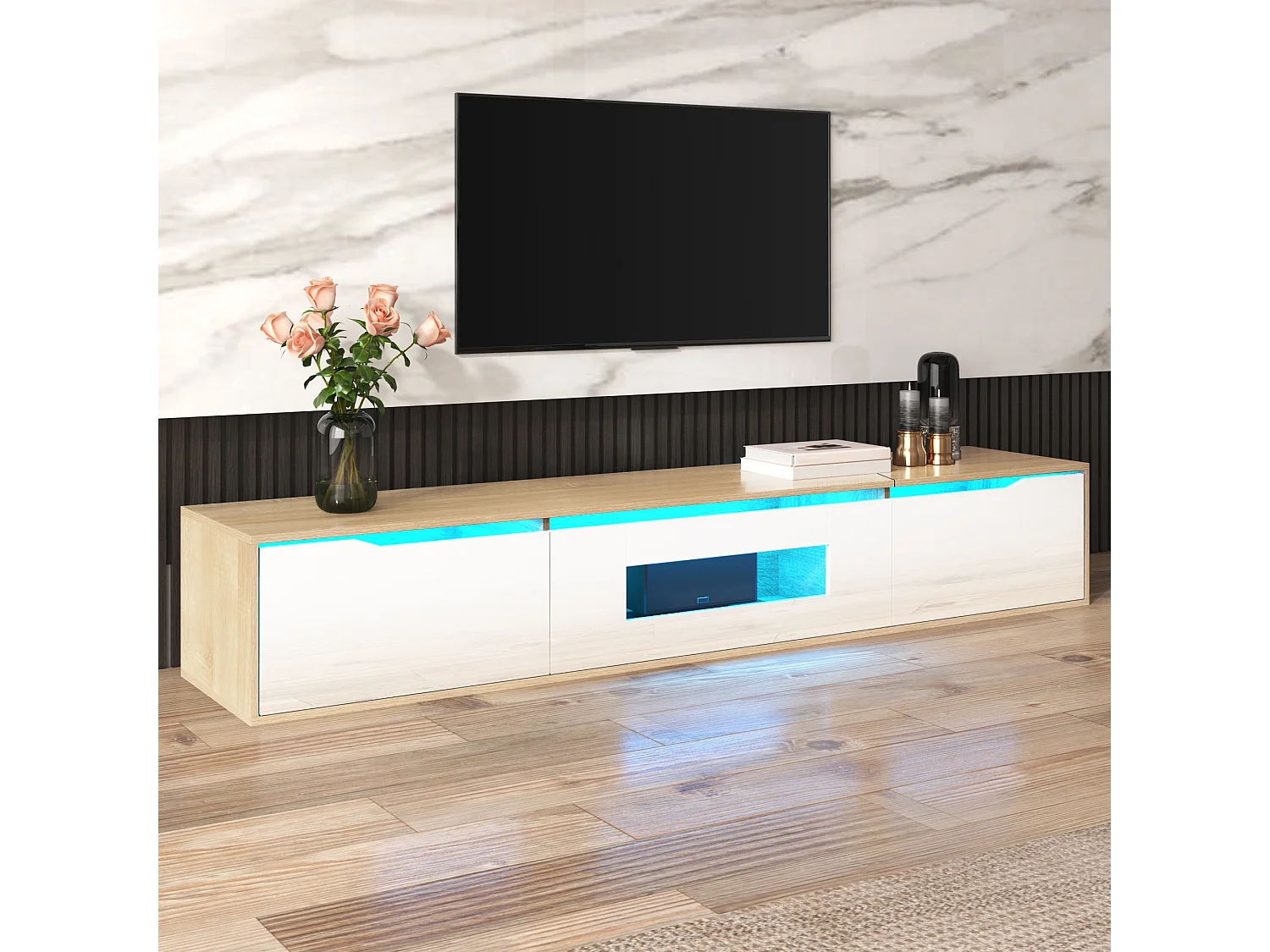 180cm TV stand with color-changing LED light - 3 large compartments - White