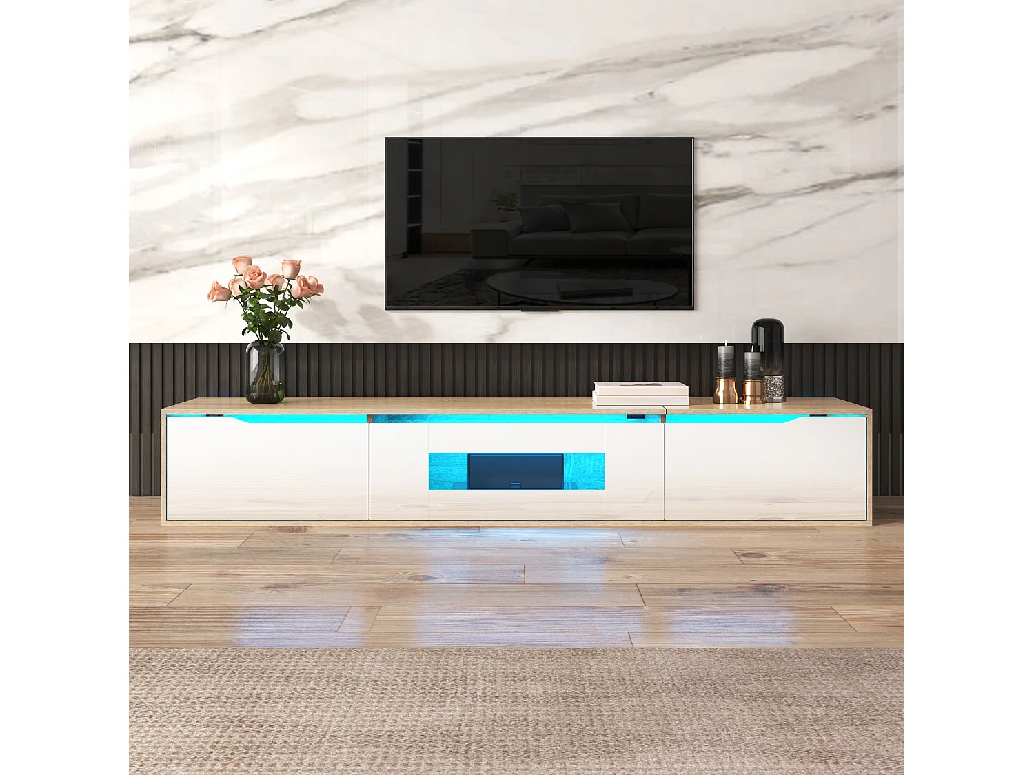 180cm TV stand with color-changing LED light - 3 large compartments - White