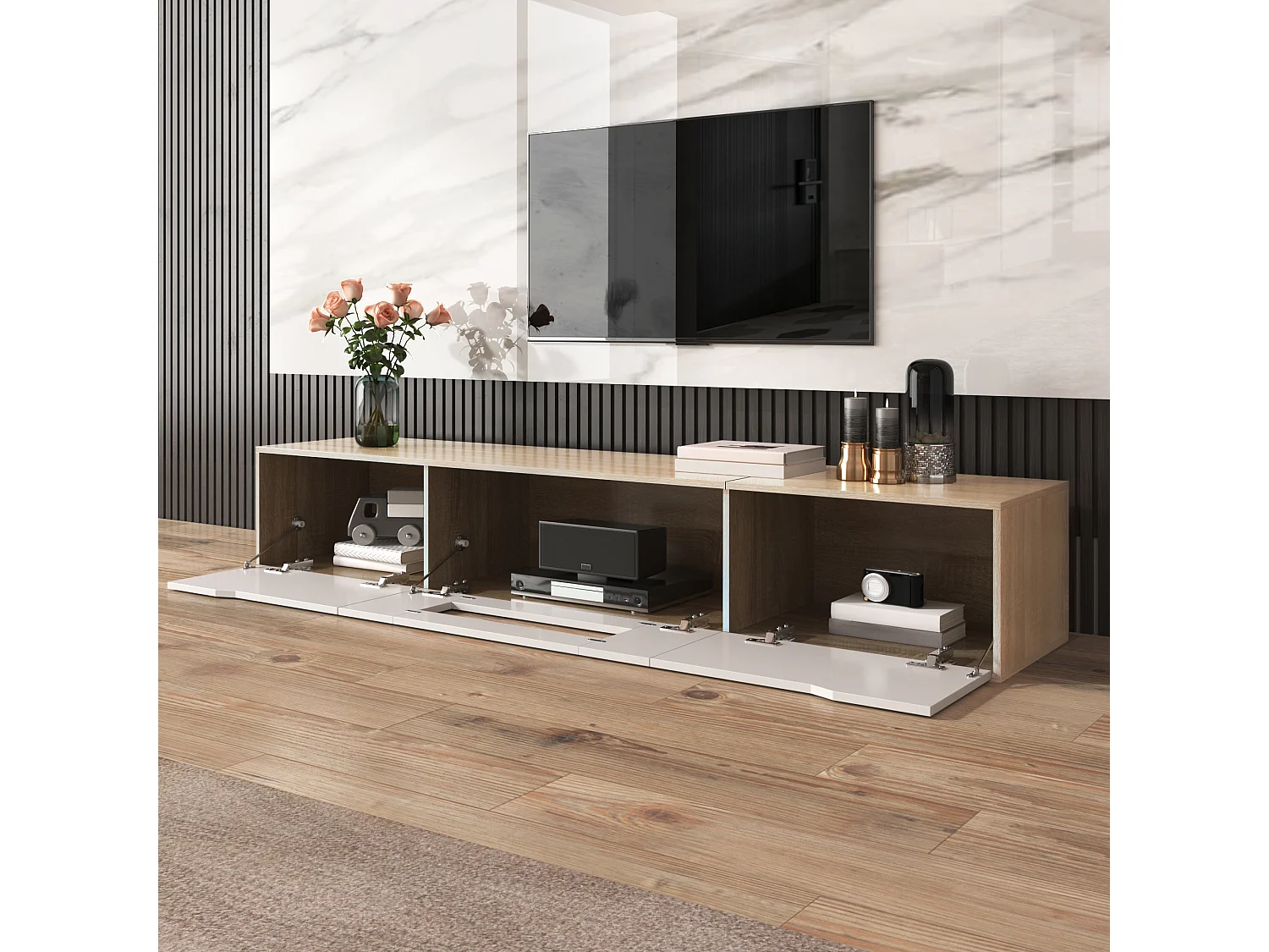 180cm TV stand with color-changing LED light - 3 large compartments - White