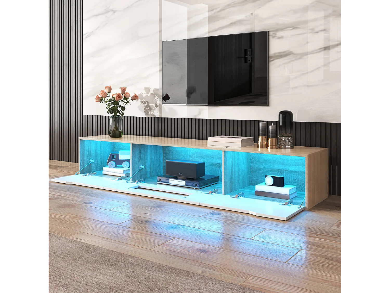 180cm TV stand with color-changing LED light - 3 large compartments - White