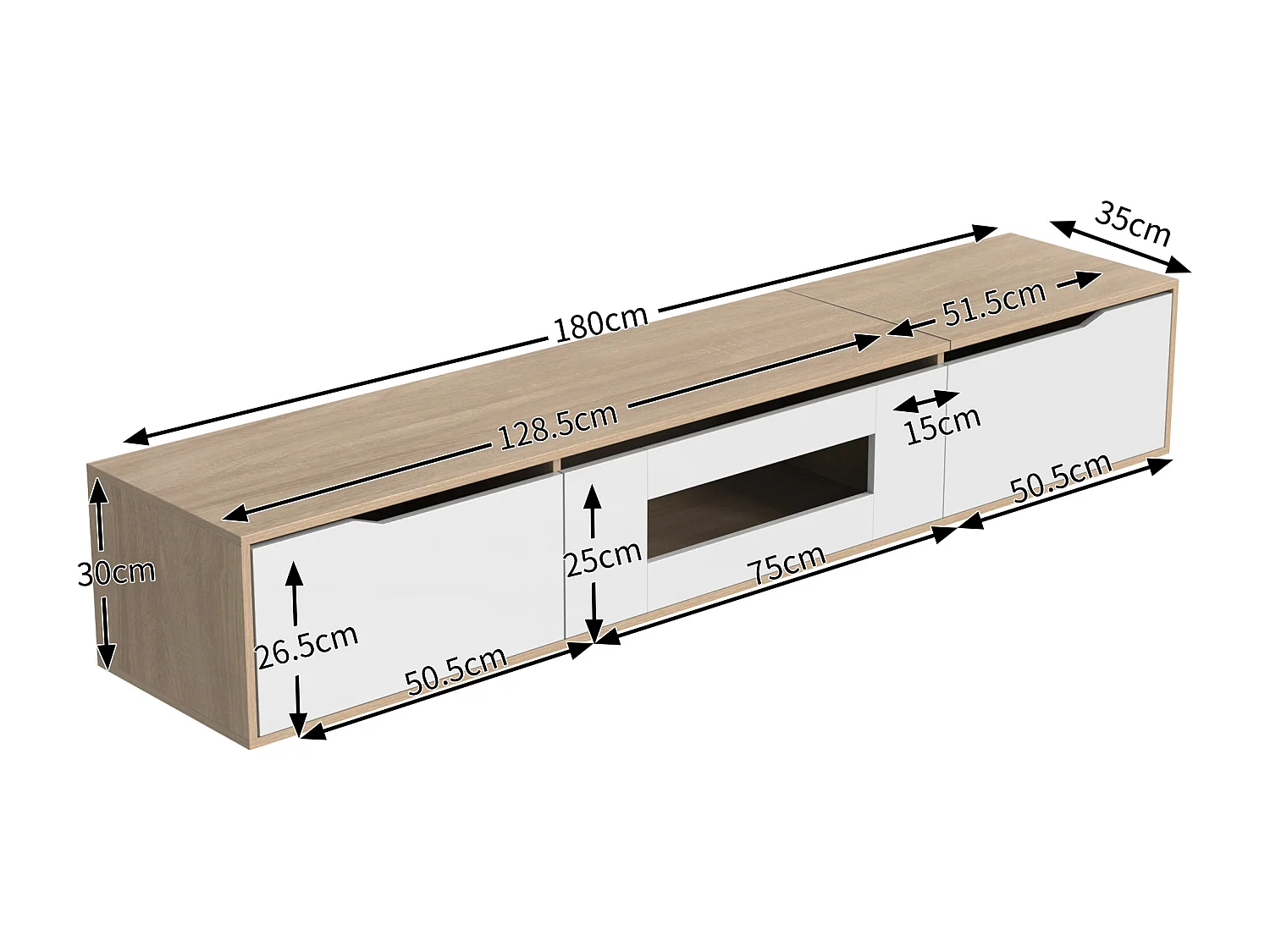 180cm TV stand with color-changing LED light - 3 large compartments - White