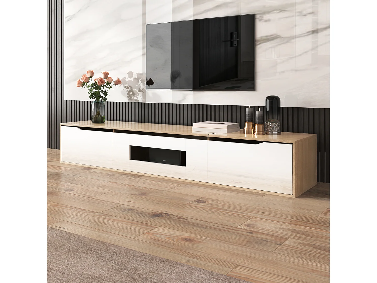 180cm TV stand with color-changing LED light - 3 large compartments - White