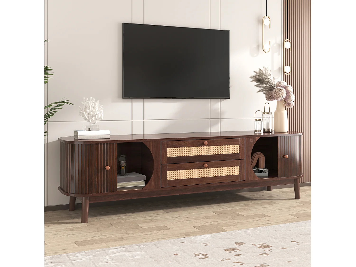 170cm TV stand in solid wood and rattan - 2 drawers and 2 doors - country style - brown